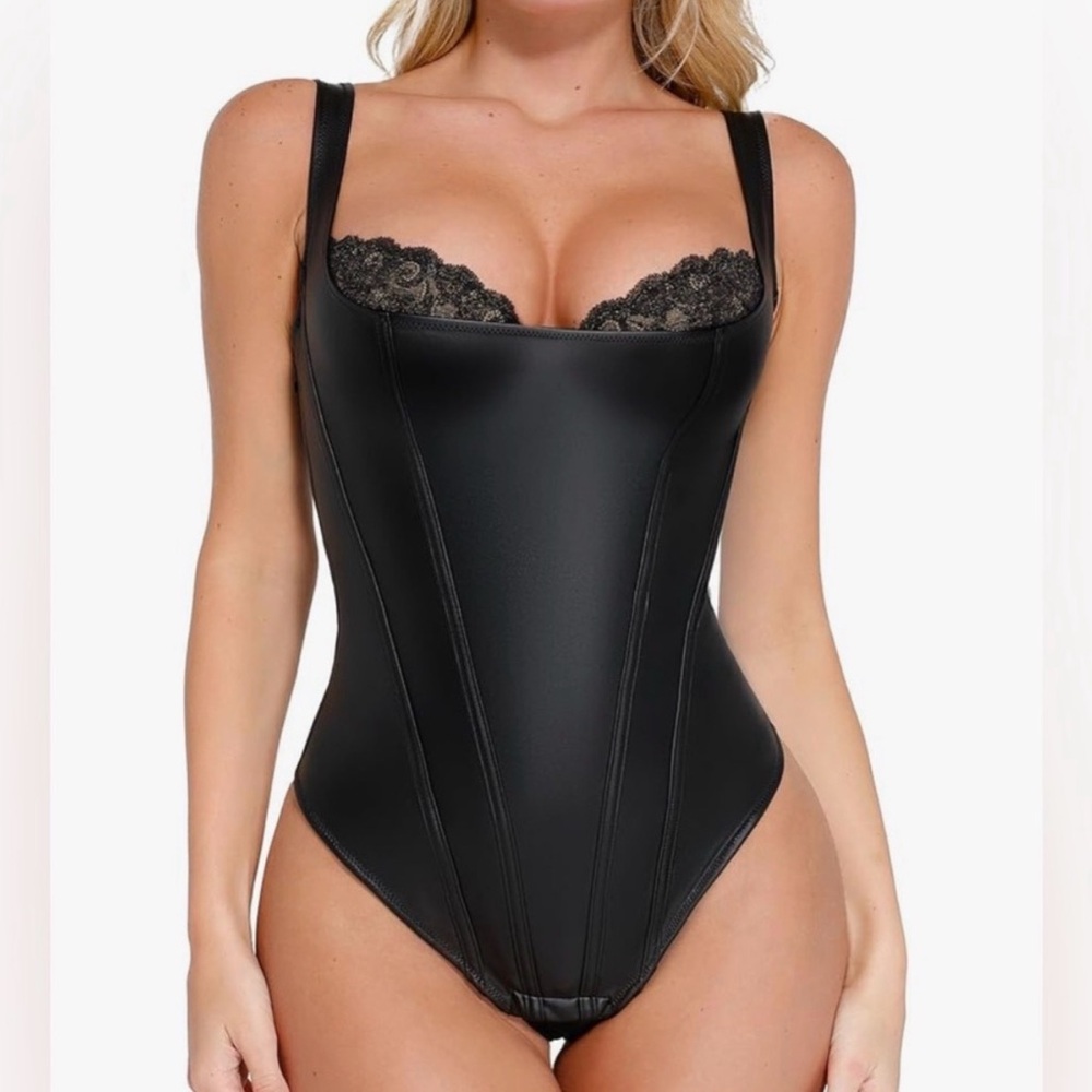Black Lace-Trim Faux Leather Bodysuit